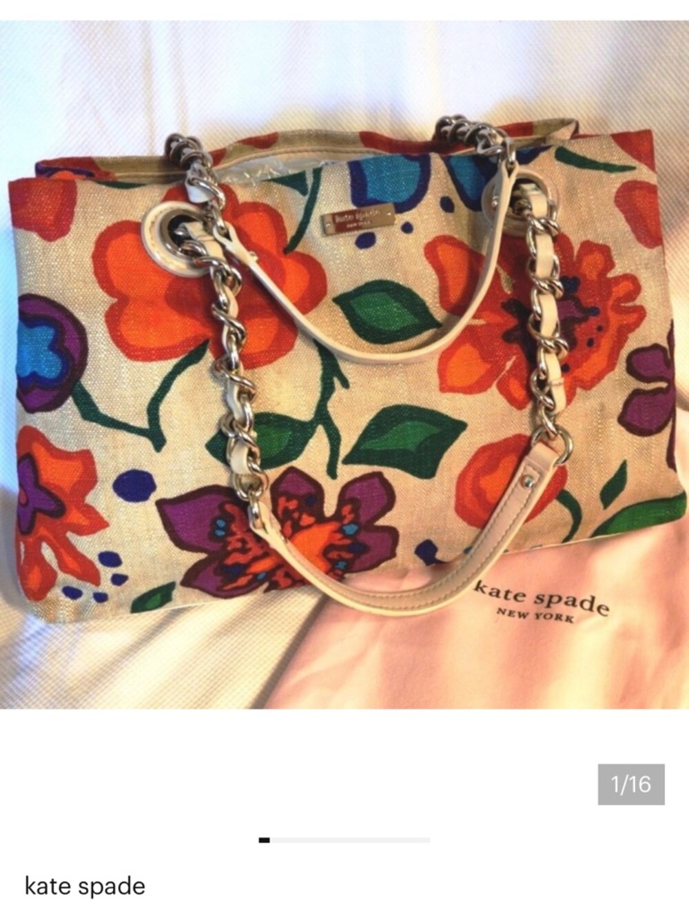 Kate Spade Lg Maryanne Chained Tote in Cream Leather & Linen Fiesta Floral EUC